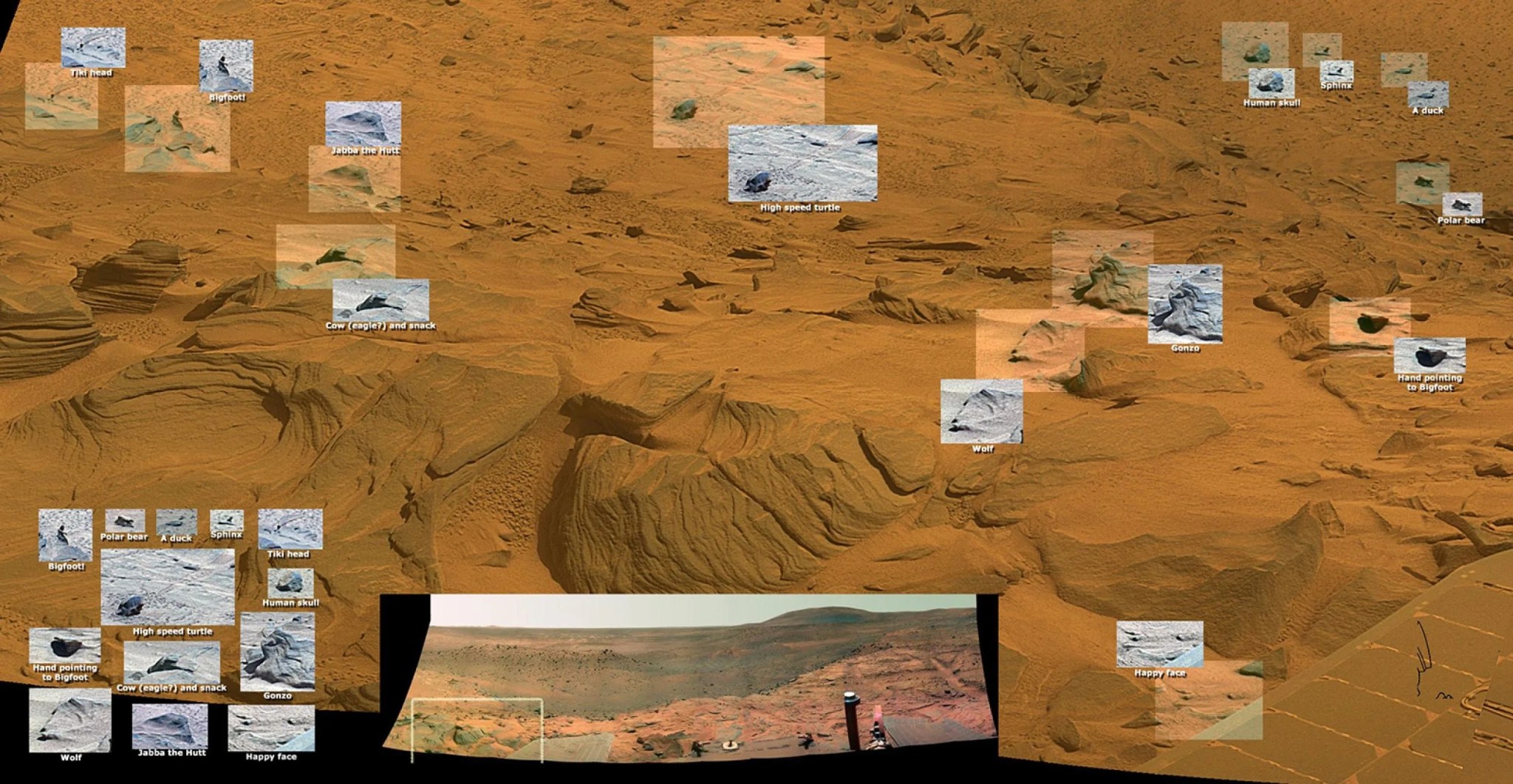 Una vista de un área en el Valle Oeste de Marte tomada por el rover marciano Spirit, con algunos ejemplos de pareidolia.