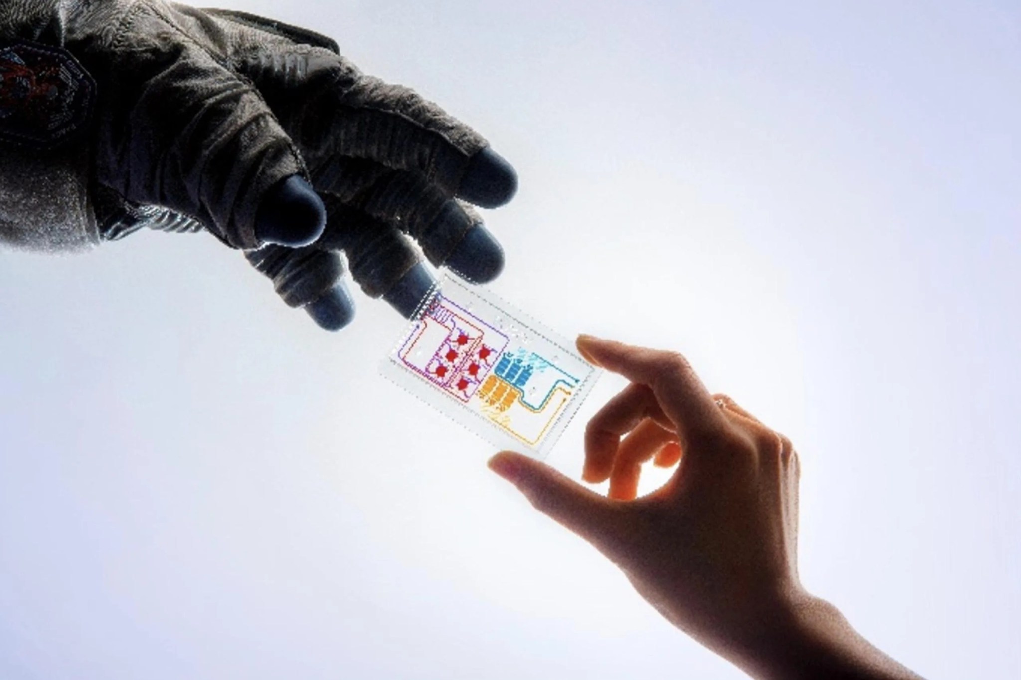 Un fondo blanco brillante proporciona un escenario claro para esta imagen fotografiada en estudio. La mano enguantada de un astronauta se extiende desde la izquierda hacia una mano que sostiene un chip de tejido a la derecha. El chip de tejido es un dispositivo transparente del tamaño de una tarjeta de crédito que contiene redes de puertos y canales rojos, azules y amarillos. Estos pequeños dispositivos podrían ayudarnos a dar el siguiente gran salto y beneficiar la salud humana en la Tierra. Crédito: Unive