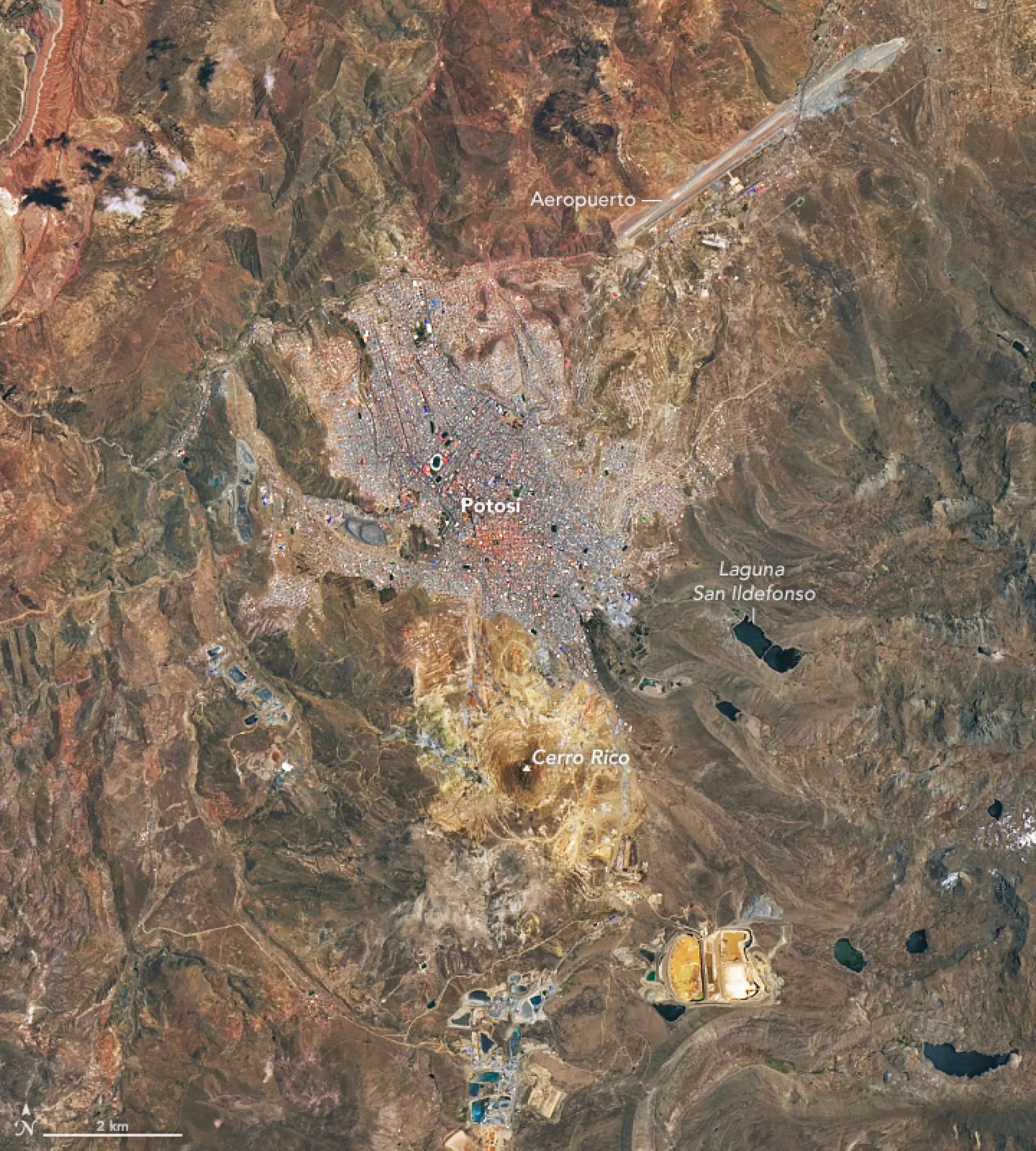 Imagen satelital de Potosí y Cerro Rico, Bolivia.