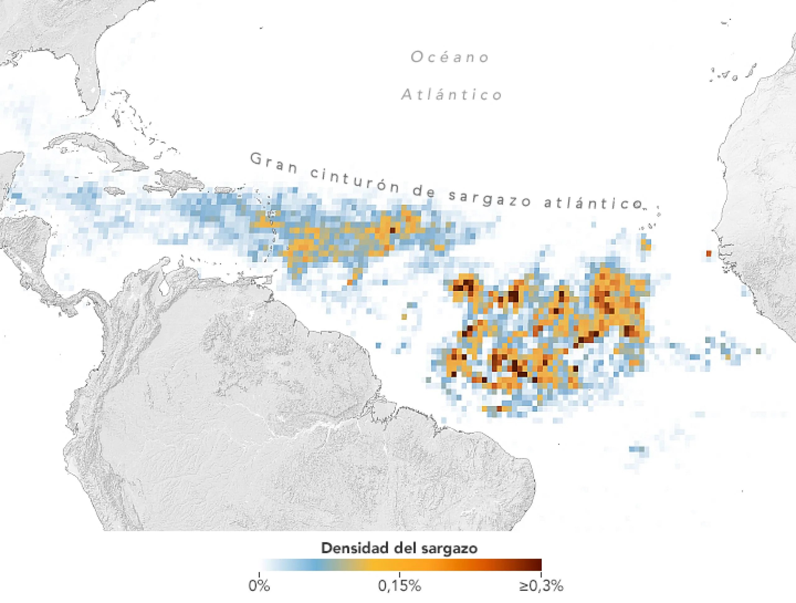 Este mapa muestra la densidad del sargazo en el medio del océano Atlántico (incluido el mar Caribe y el golfo de México) en marzo de 2023. Las áreas rojas y naranjas muestran los lugares donde las densidades del sargazo fueron las más altas, en términos del porcentaje del píxel cubierto con las algas.
