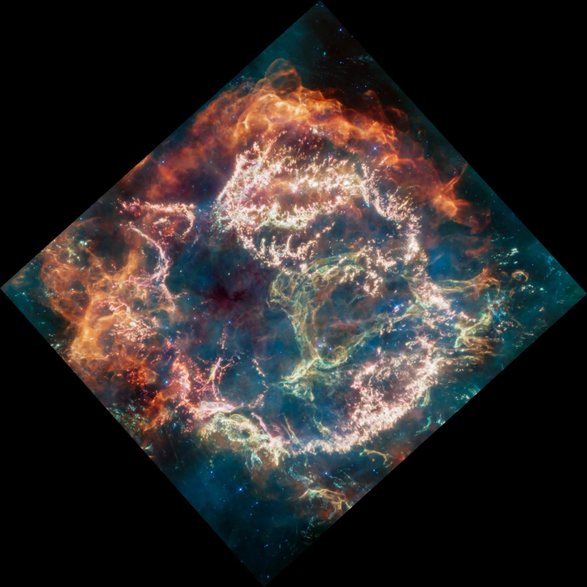 Casiopea A (Cas A) es el remanente de una supernova que está situado a unos 11.000 años luz de la Tierra en la constelación de Casiopea. Abarca unos 10 años luz. Esta nueva imagen utiliza datos del instrumento de infrarrojo medio (MIRI) de Webb para revelar a Cas A bajo una nueva luz.