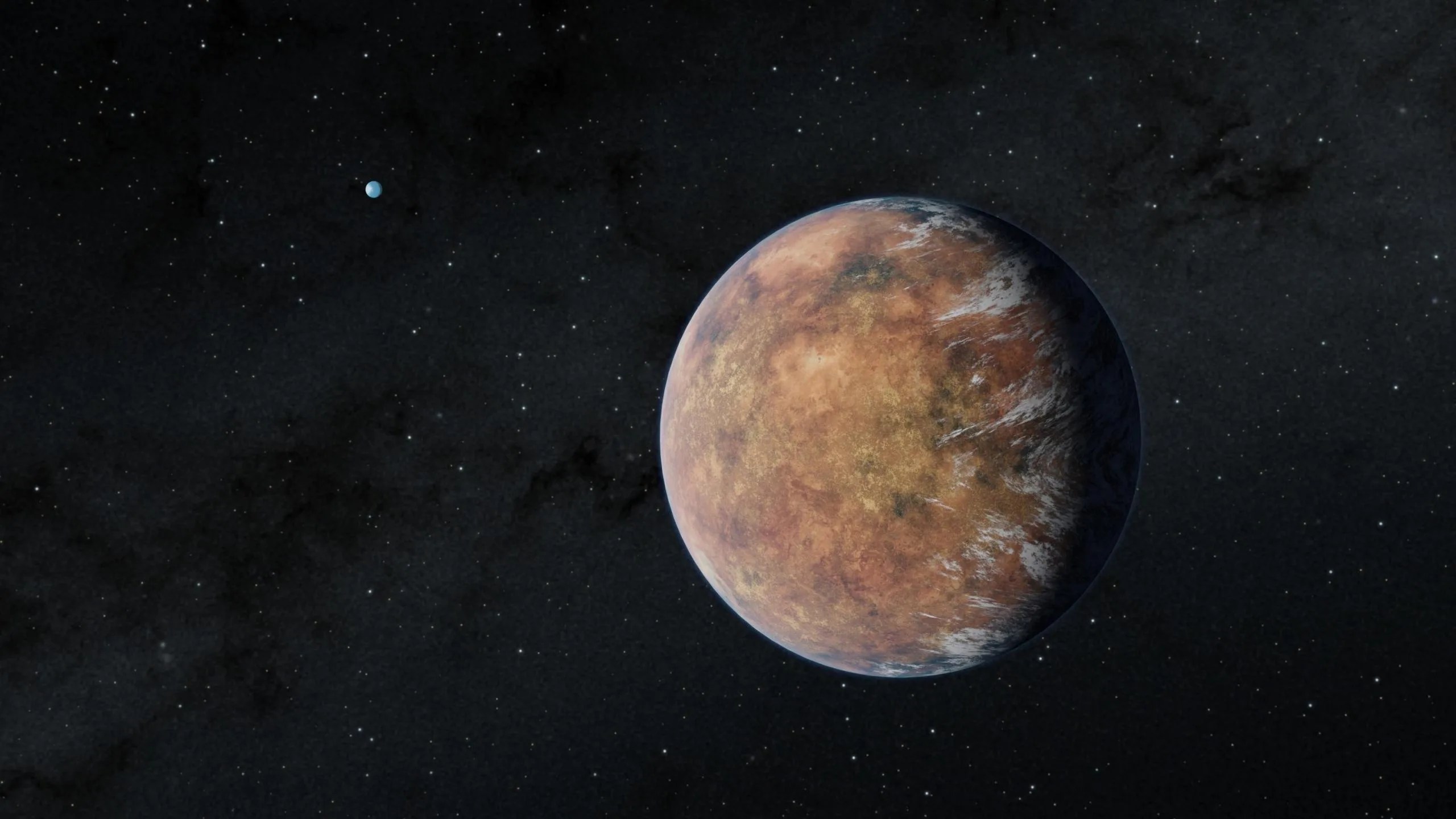 El planeta recién descubierto TOI 700 e, del tamaño de la Tierra, orbita dentro de la zona habitable de su estrella en esta ilustración. Su hermano TOI 700 d, también del tamaño de la Tierra, se puede ver en la distancia. Crédito: NASA/JPL-Caltech/Robert Hurt