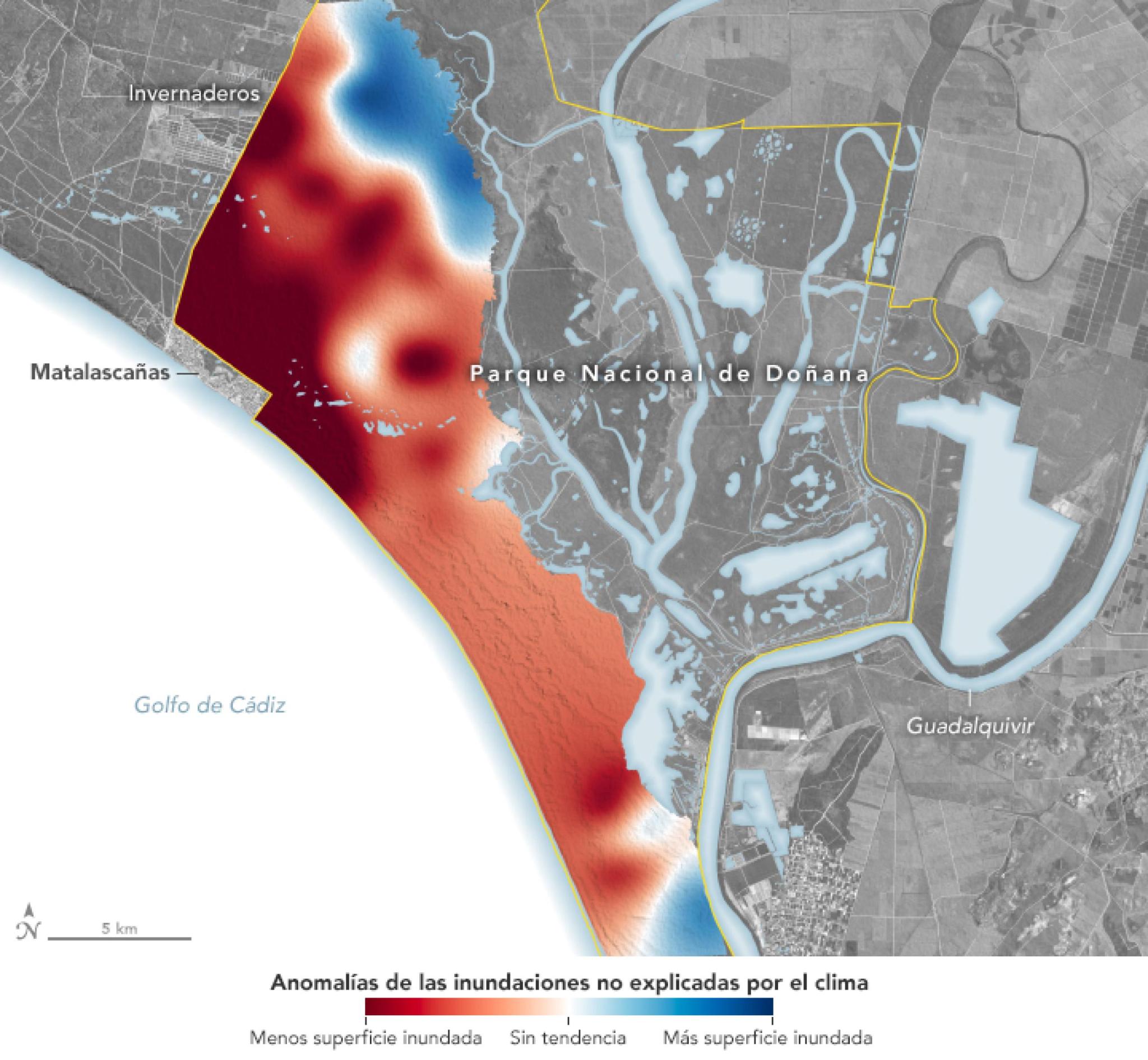 Visualización de inundaciones no explicadas por el clima en el Parque Nacional de Doñana en España. Dentro del parque, hay una franja gruesa de color a lo largo de la costa. Gran parte de ella es roja, lo que indica una menor superficie inundada.