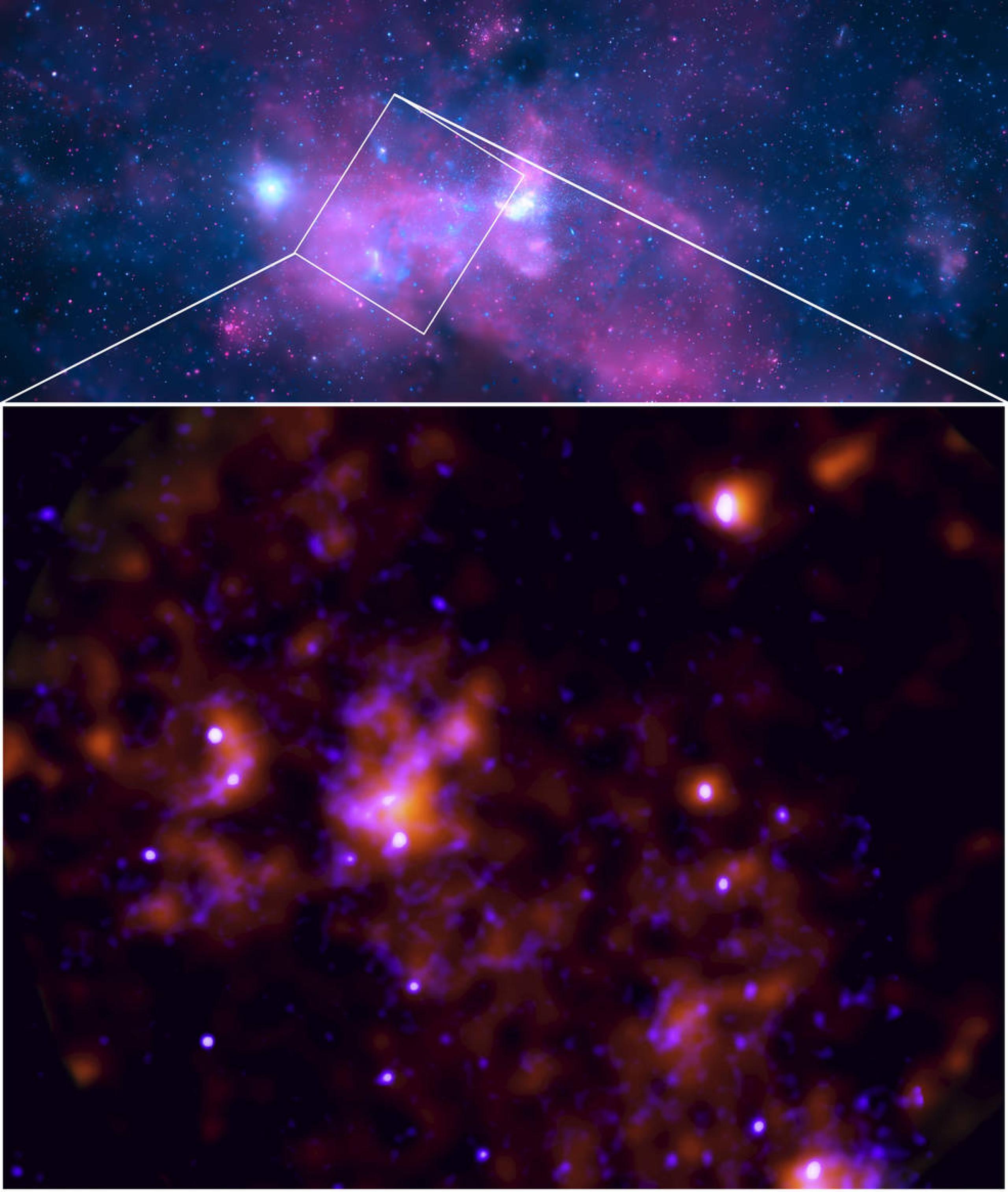 Las imágenes del Explorador de polarimetría de imágenes de rayos X de la NASA y del Observatorio de rayos X Chandra se han combinado para mostrar datos de rayos X del área alrededor de Sagitario A*, el agujero negro supermasivo en el núcleo de la galaxia Vía Láctea. El cuadro de abajo combina datos de IXPE, en naranja, con datos de Chandra, en azul. El cuadro de arriba representa un campo de visión mucho más amplio del centro de la Vía Láctea, por cortesía de Chandra.