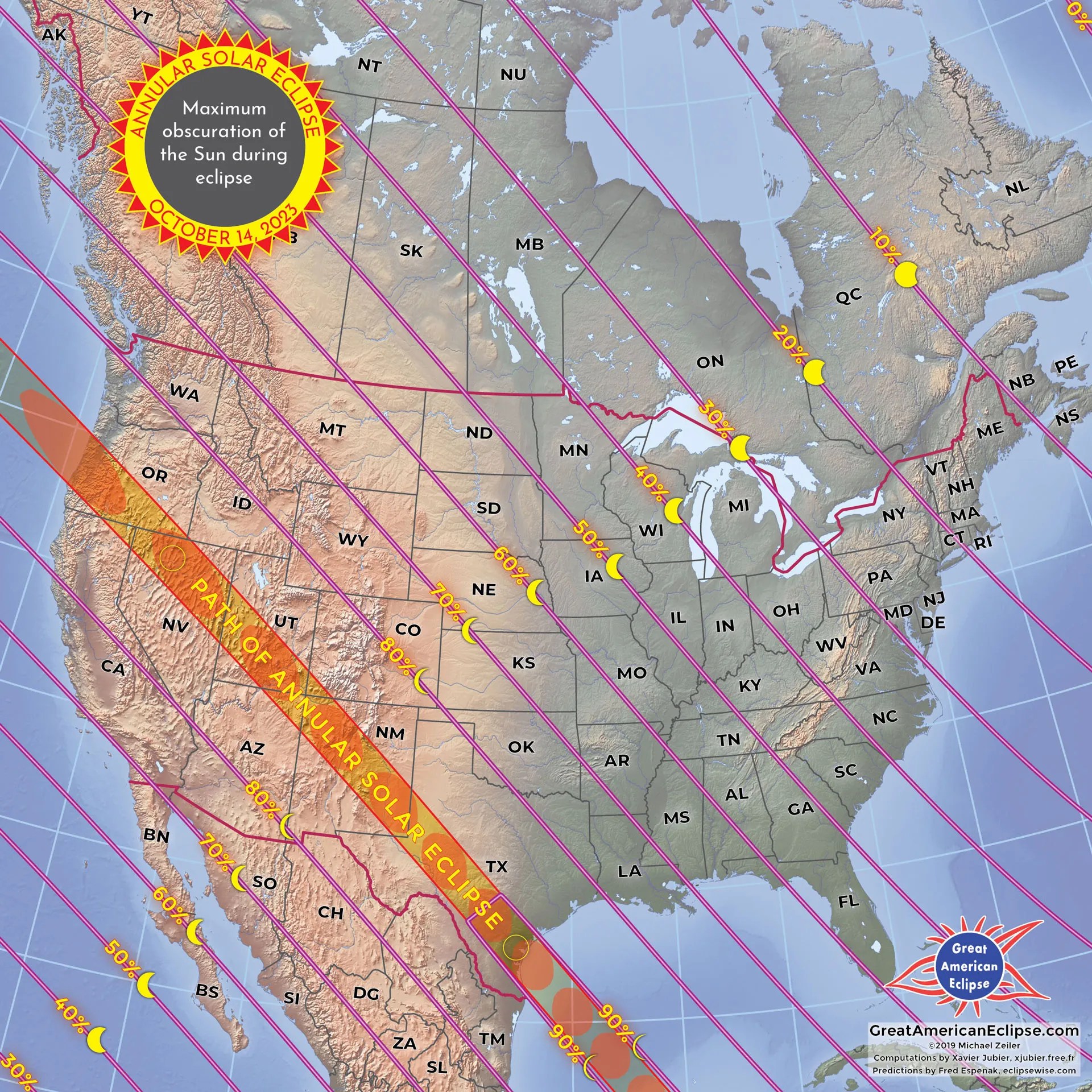 Esta imagen muestra un mapa en el cual se señala la trayectoria del eclipse solar anular de octubre de 2023 sobre Norteamérica.
