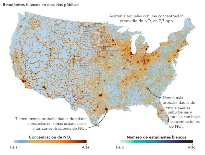 Mapa que muestra la cantidad de estudiantes blancos en escuelas públicas en Estados Unidos y las concentración promedio de NO2.
