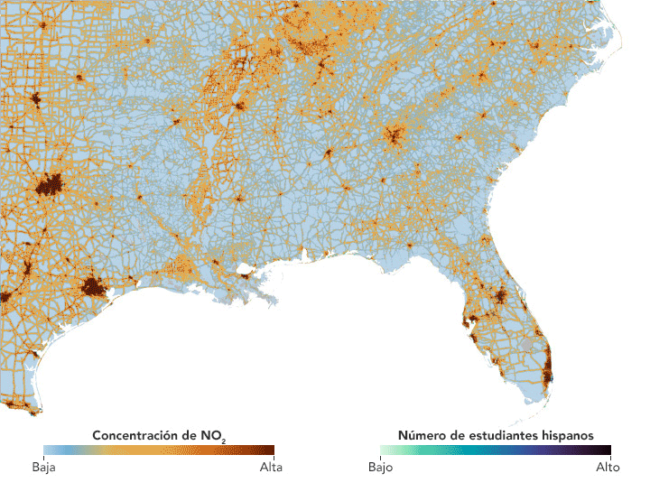 Animación que muestra la concentración de dióxido de nitrógeno comparada con el número de estudiantes hispanos en las escuelas públicas del sureste de EE.UU. El primer mapa muestra el dióxido de nitrógeno. El azul indica menos dióxido de nitrógeno, mientras que el amarillo y el rojo representan concentraciones medias y altas, respectivamente. Hay manchas rojas cerca de las principales zonas urbanas. El segundo mapa muestra el número de estudiantes hispanos. Los colores verdes indican menos estudiantes y los azules oscuros, más. En la mayoría de las zonas, hay un mayor número de estudiantes hispanos en los mismos lugares donde hay altas concentraciones de dióxido de nitrógeno.