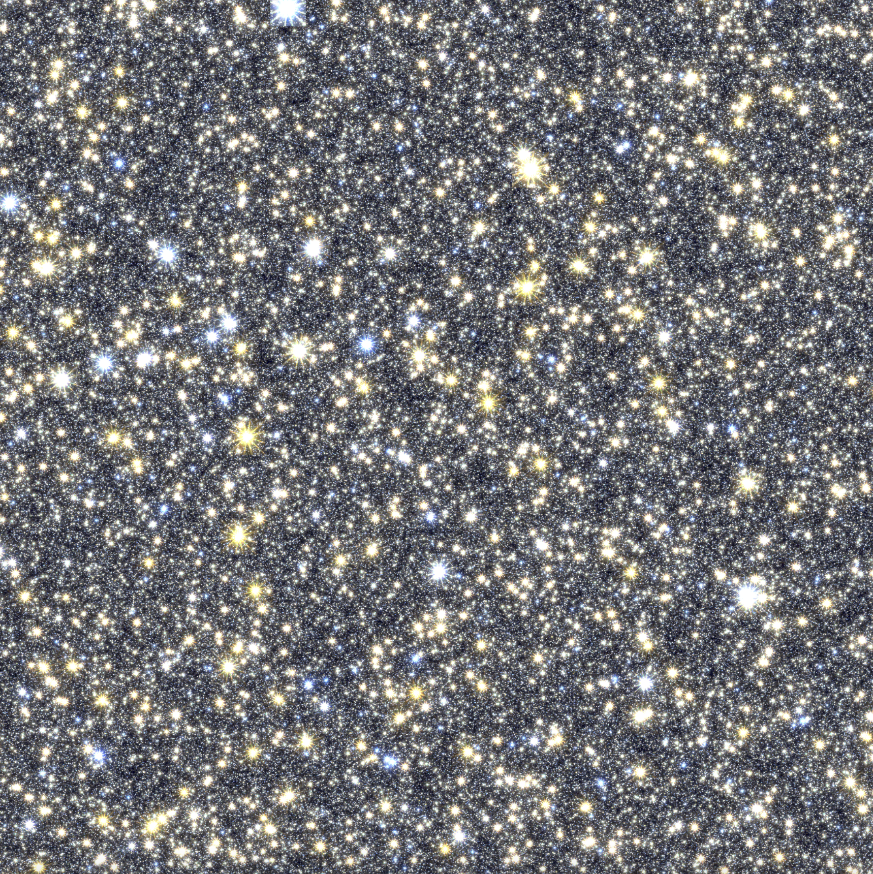 Imagen simulada de las observaciones del telescopio Grace Roman en dirección al centro de nuestra galaxia. La imagen está repleta de titilantes de luz en tonos de girs, amarillo y celeste. El fondo es negro.