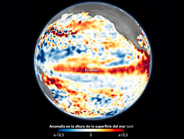 Esta imagen global de la Tierra muestra la anomalía en la altura de la superficie del mar (cm) en una escala de colores que va del azul al rojo.
