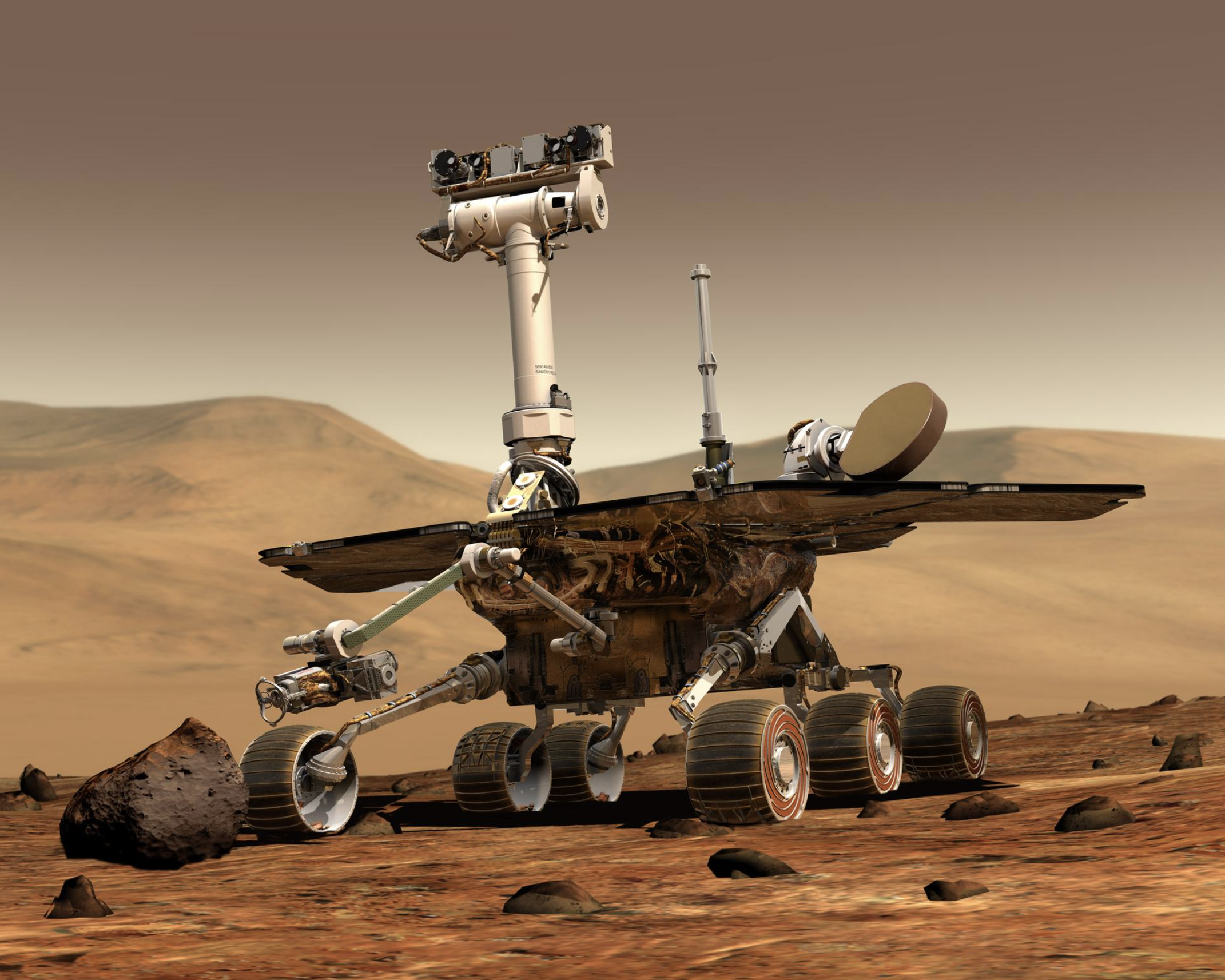 Esta ilustración representa a uno de los Vehículos Exploradores de Marte de la NASA en el planeta rojo, los rovers gemelos, Spirit y Opportunity de la NASA.