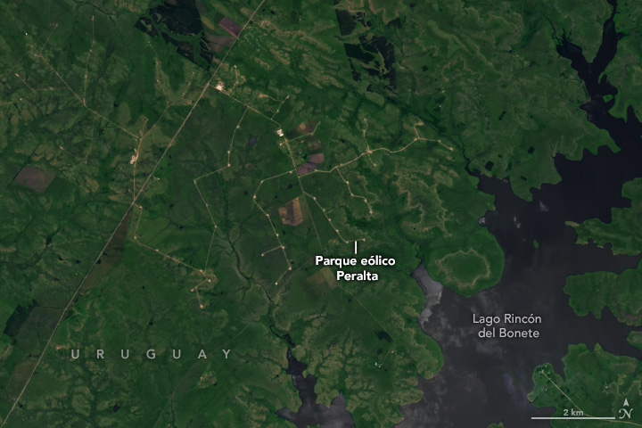 Imagen satelital del parque eólico Peralta en Uruguay.