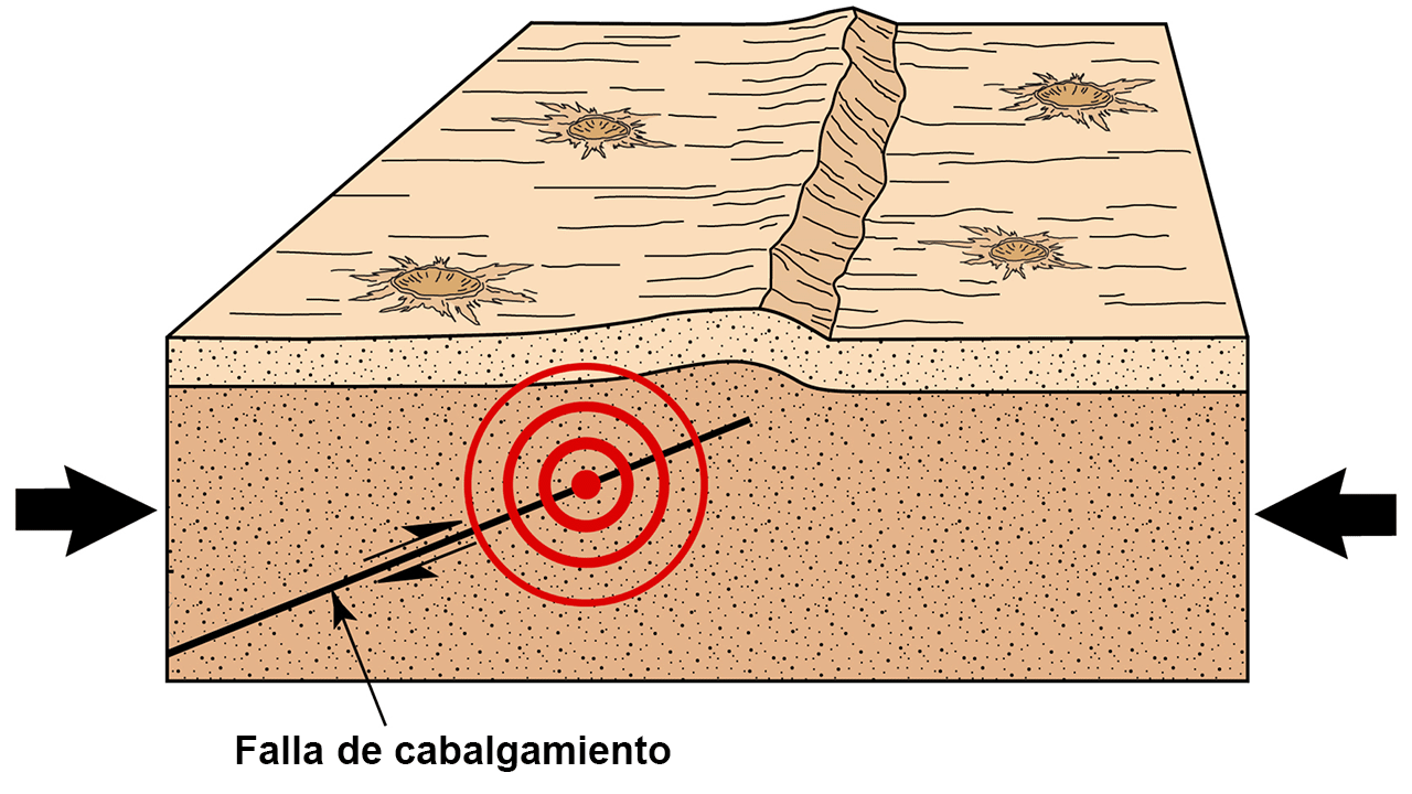 Ilustración que señala cómo los escarpes lobulados se forman cuando la corteza lunar se comprime a medida que la Luna se contrae. Esto hace que los materiales cercanos a la superficie se fracturen formando un tipo de falla inversa llamada de cabalgamiento, marcado en la parte inferior de la imagen.