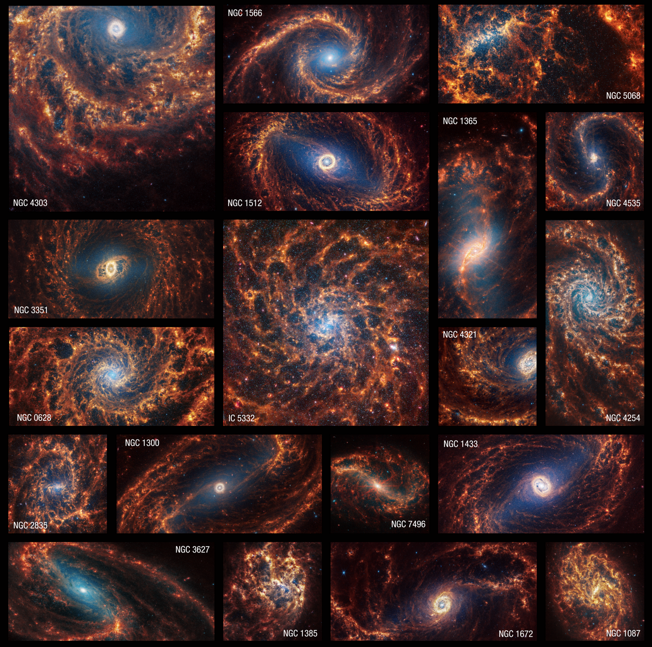 Diecinueve imágenes de Webb con vistas frontales de galaxias espirales se combinan en un mosaico. Algunas aparecen dentro de cuadrados y otras en rectángulos horizontales o verticales. Muchas galaxias tienen neblinas azules hacia su centro y todas tienen brazos en espiral de color naranja. Muchas tienen estructuras claras en forma de barras en su centro, pero algunas tienen espirales que comienzan en sus núcleos. Algunos de los brazos de las galaxias tienen formas claras de espiral, mientras que otras son más irregulares. Algunos de los brazos de las galaxias parecen girar en el sentido de las agujas del reloj y otros van en el sentido contrario. La mayoría de los núcleos de las galaxias están centrados, pero algunos aparecen hacia el borde de las imágenes. La mayoría de las galaxias parecen extenderse más allá de las observaciones captadas. Las galaxias que se muestran, en orden alfabético, son IC 5332, NGC 628, NGC 1087, NGC 1300, NGC 1365, NGC 1385, NGC 1433, NGC 1512, NGC 1566, NGC 1672, NGC 2835, NGC 3351, NGC 3627, NGC 4254, NGC 4303, NGC 4321, NGC 4535, NGC 5068 y NGC 7496.