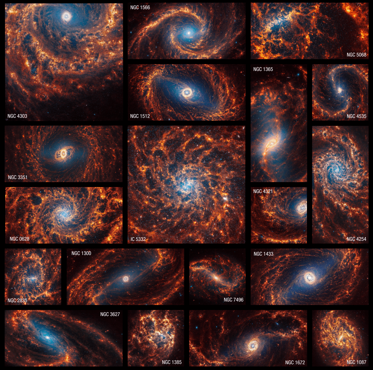 Una colección de 19 impresionantes imágenes de galaxias espirales captadas de frente por el telescopio espacial Webb.