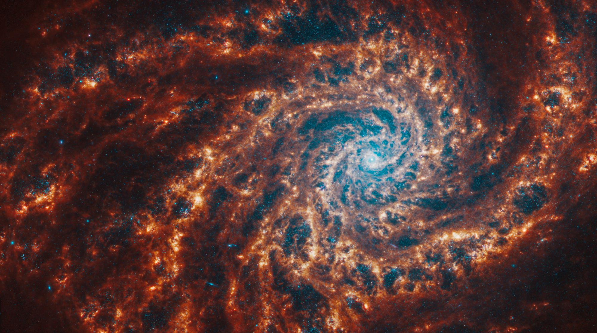 Imagen frontal capturada por el telescopio espacial Webb de la galaxia espiral NGC 4254, resaltando su estructura y detalles con una vista cercana y detallada.