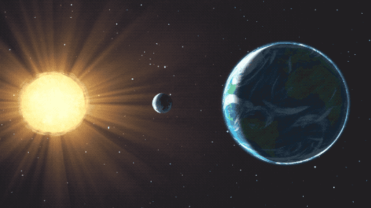 Animación que muestra cómo el Sol, la Luna y la Tierra están alineados, y la sombra de la Luna se proyecta sobre la Tierra durante un eclipse solar.