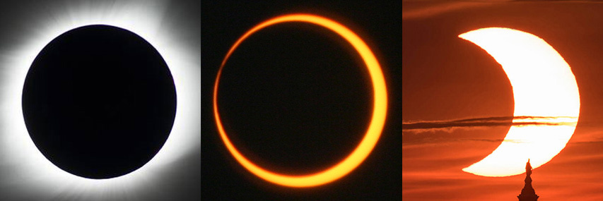 De izquierda a derecha, estas imágenes muestran un eclipse solar total, un eclipse solar anular y un eclipse solar parcial.