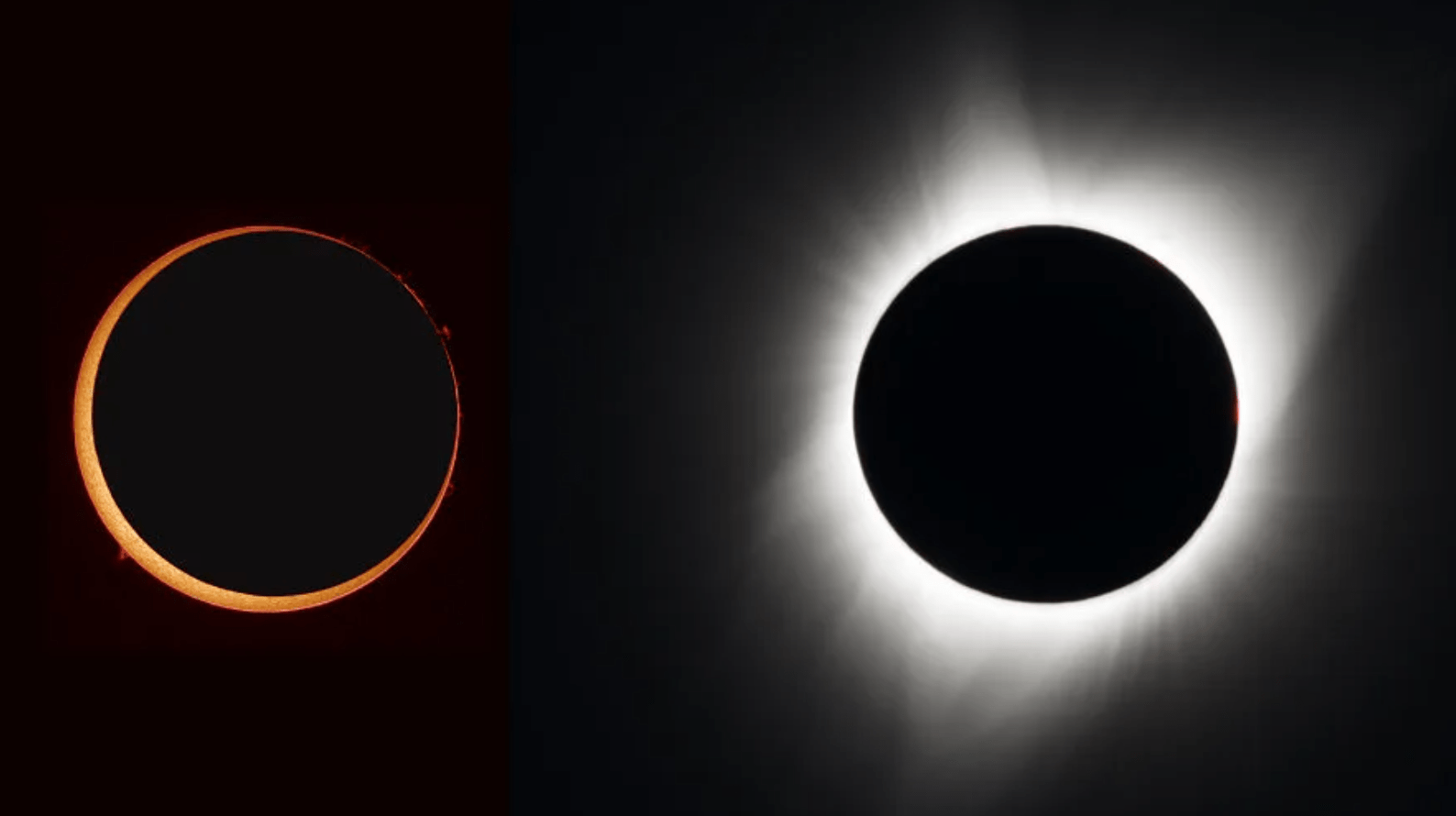Un eclipse solar anular (izquierda) y un eclipse solar total (derecha).