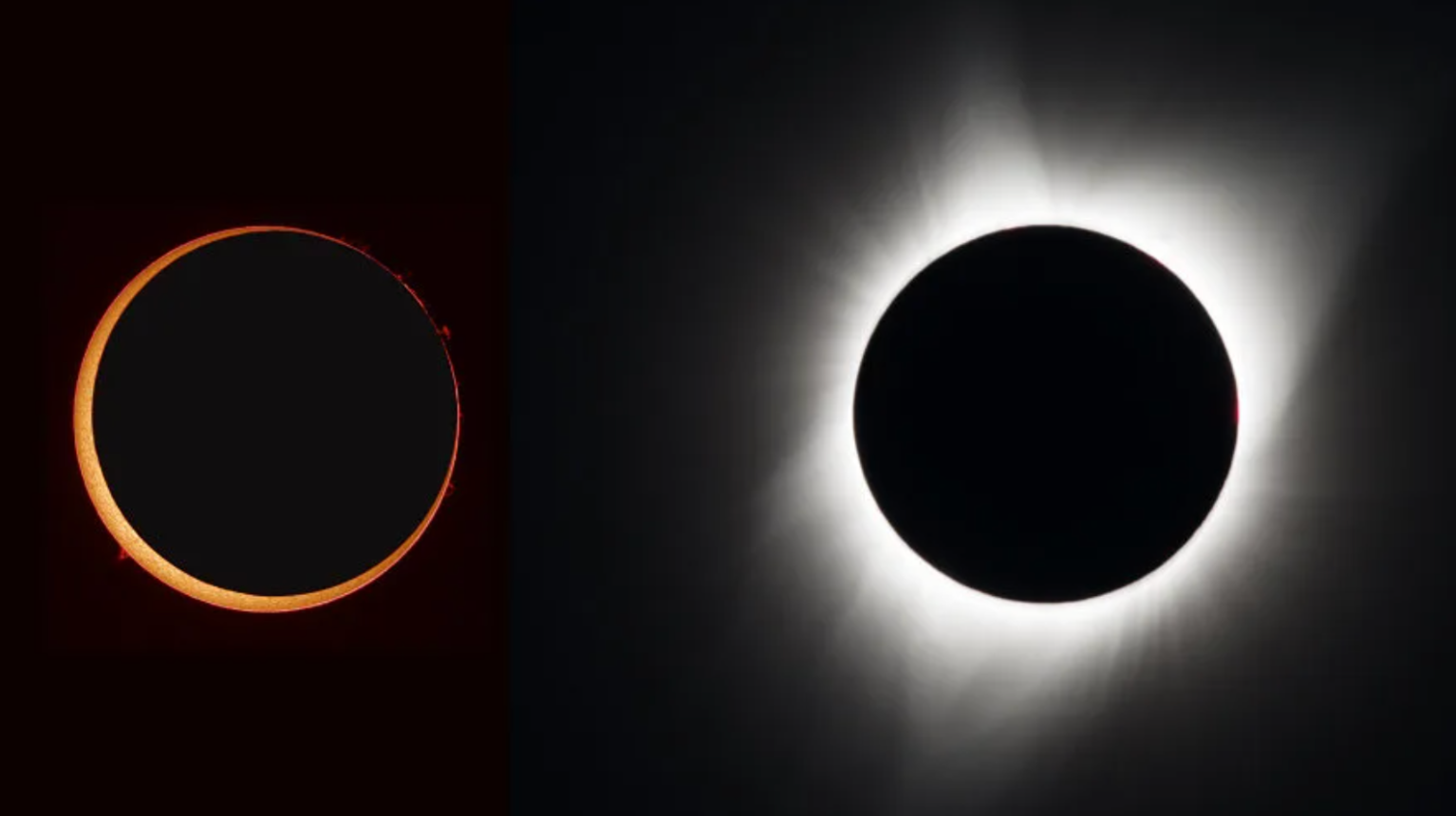 Un eclipse solar anular (izquierda) y un eclipse solar total (derecha).