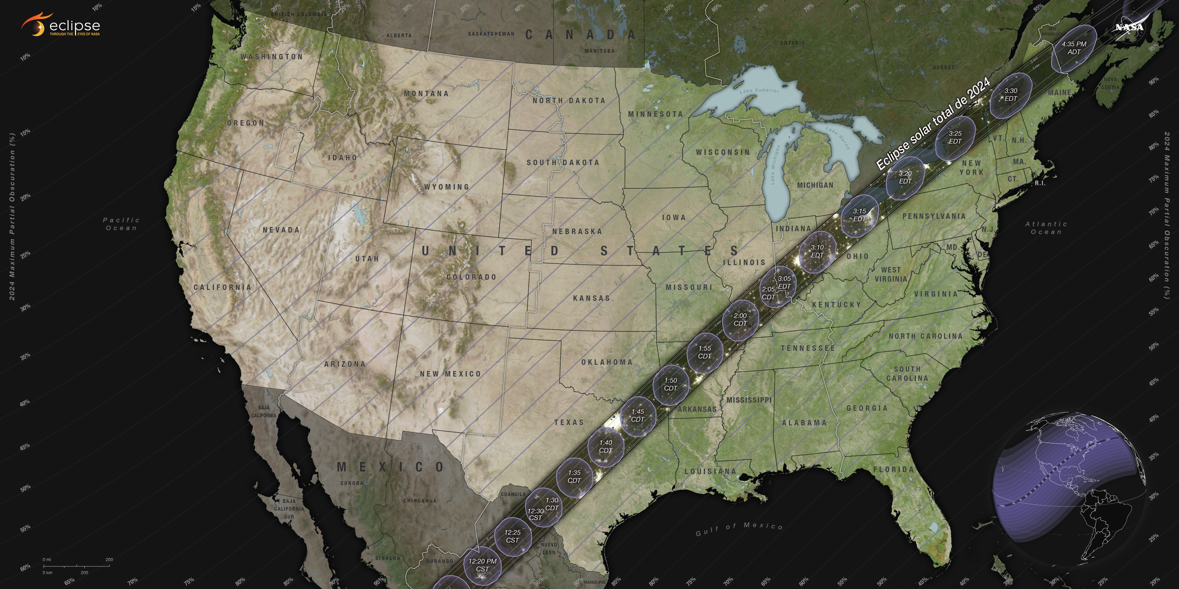 La trayectoria del eclipse solar total atraviesa México, pasa por Estados Unidos desde Texas hasta Maine y llega hasta Canadá.