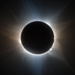 La sombra de la Luna oculta el Sol, que aparece como un disco negro. La corona solar se acentúa y las prominencias solares son visibles saltando desde la superficie. Del Sol emanan dramáticos susurros de energía solar. El resto de la imagen es oscuro.