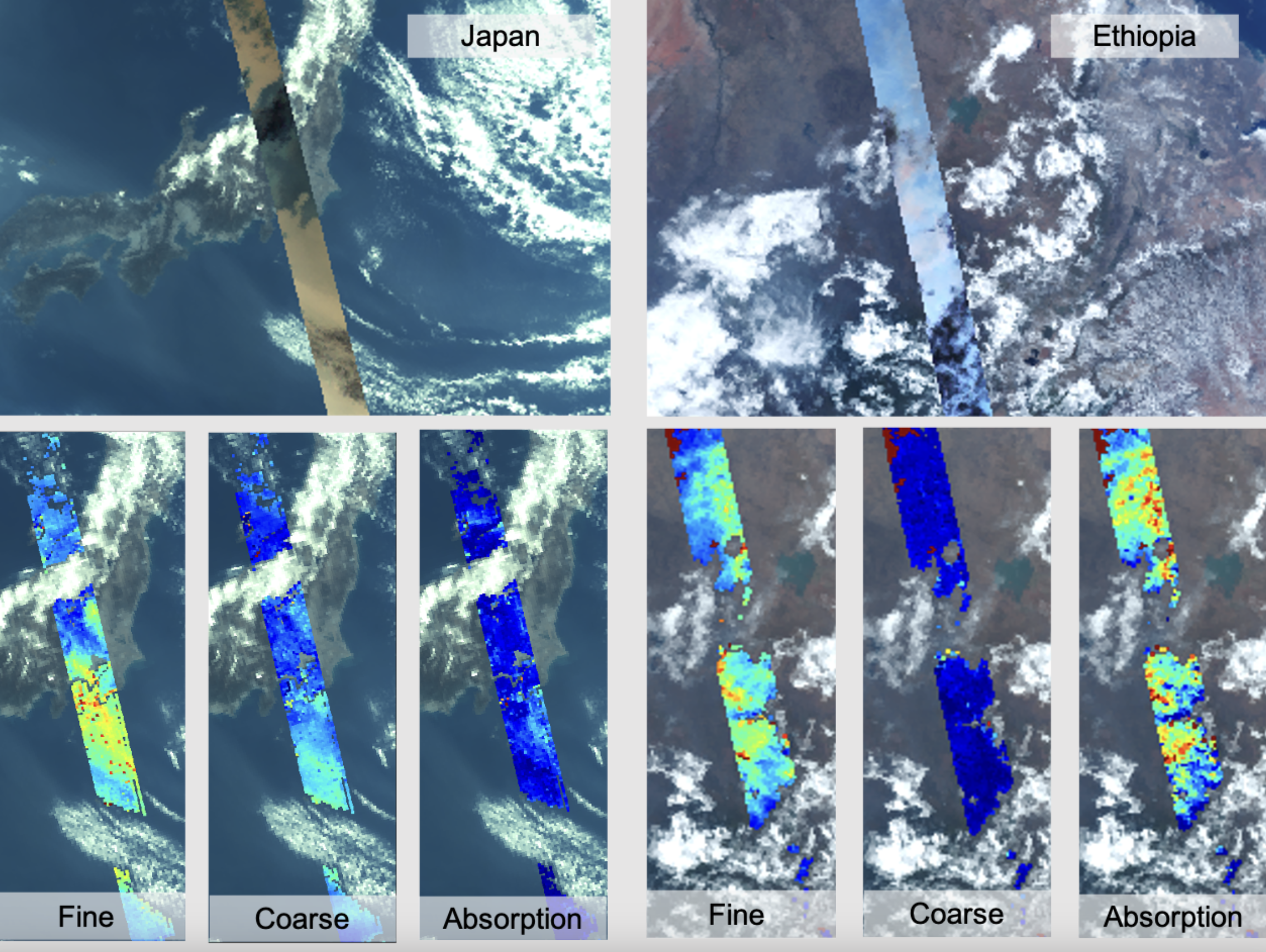 Los primeros datos del instrumento polarímetro SPEXone a bordo de PACE muestran aerosoles en una franja diagonal sobre Japón, el 16 de marzo de 2024, y Etiopía, el 6 de marzo de 2024. En los dos paneles de arriba, los colores más claros representan una mayor fracción de luz polarizada. En los paneles de abajo, los datos de SPEXone han sido utilizados para diferenciar entre aerosoles finos, como el humo, y aerosoles gruesos, como el polvo y el rocío marino. Los datos de SPEXone también pueden medir la cantidad de aerosoles que absorben la luz del Sol. Por encima de Etiopía, los datos muestran en su mayoría partículas finas que absorben la luz solar, lo que es típico del humo de la quema de biomasa. En Japón también se encuentran aerosoles finos, pero sin la misma absorción. Esto indica la contaminación urbana de Tokio, que es arrastrada hacia el océano y se mezcla con sal marina. Las observaciones de la polarización de SPEXone se muestran sobre una imagen de fondo en color verdadero proveniente de OCI, otro de los instrumentos de PACE.