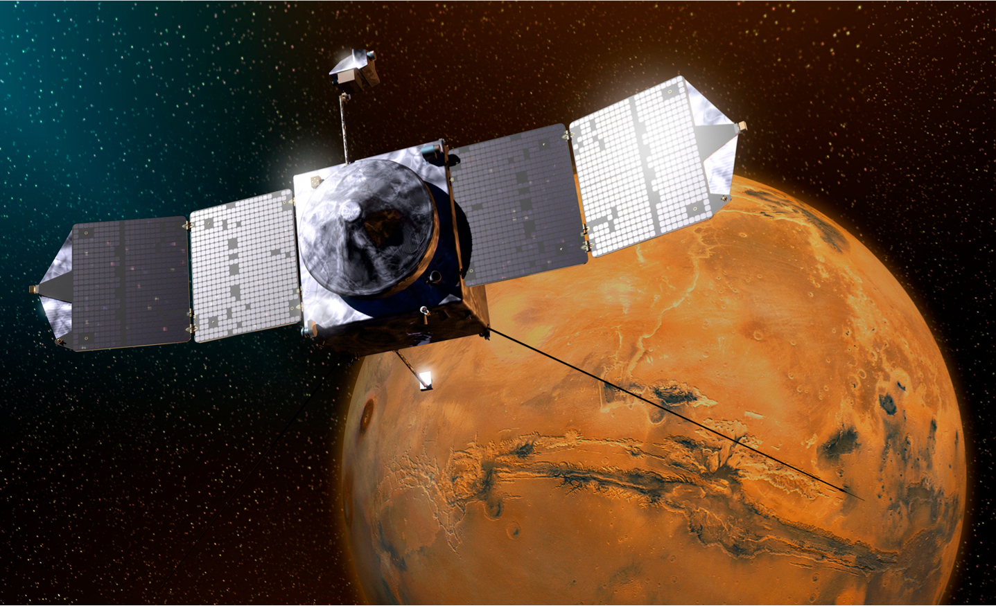 Esta ilustración representa la sonda orbitadora Atmósfera de Marte y Evolución de Materiales Volátiles (MAVEN) de la NASA cerca de Marte.