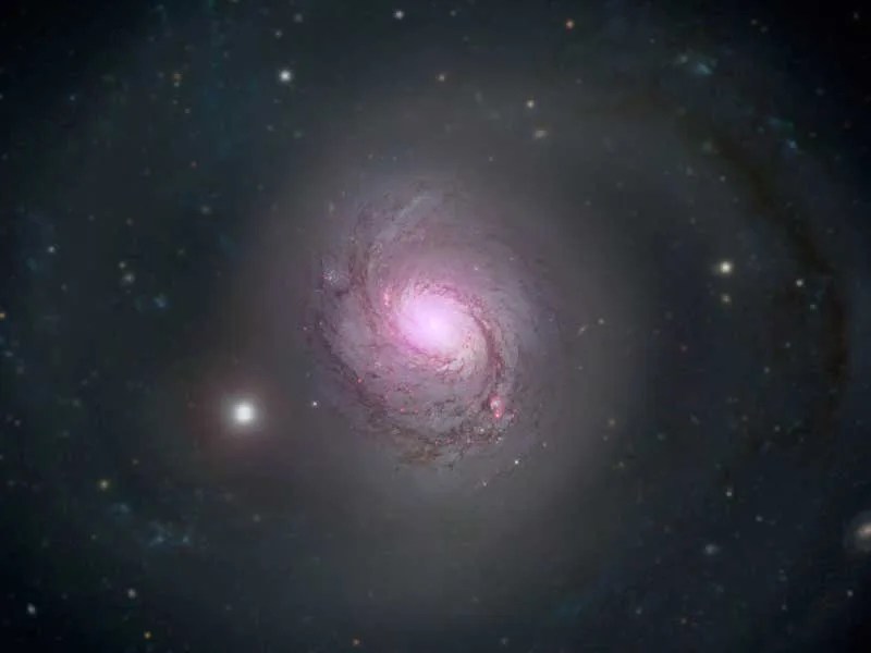 La galaxia NGC 1068 se muestra en luz visible y de rayos X en esta imagen compuesta.