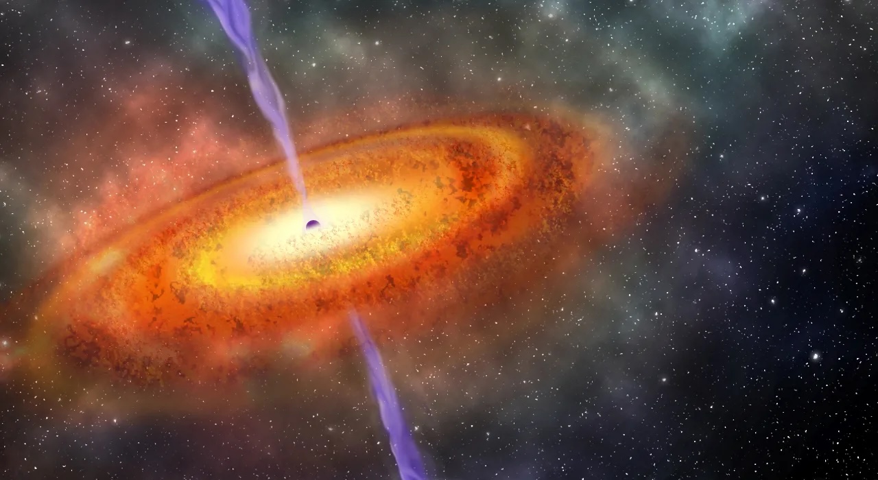 Esta ilustración muestra el agujero negro supermasivo más lejano jamás descubierto. Es parte de un cuásar formado apenas 690 millones de años después del Big Bang.