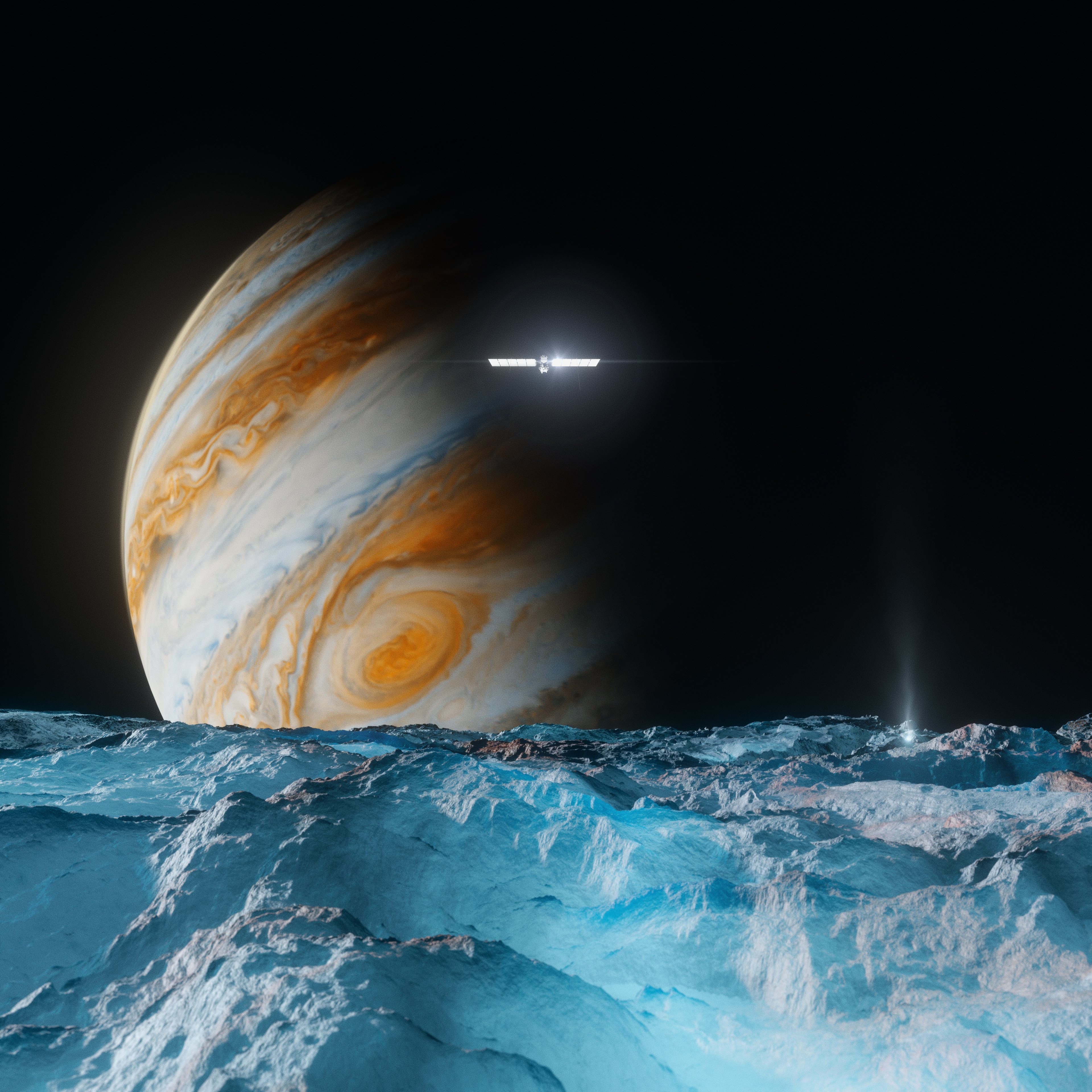 Ilustración que muestra a la nave espacial de la NASA Europa Clipper sobrevolando la superficie de hielo de la luna Europa, con Júpiter y el espacio de fondo.