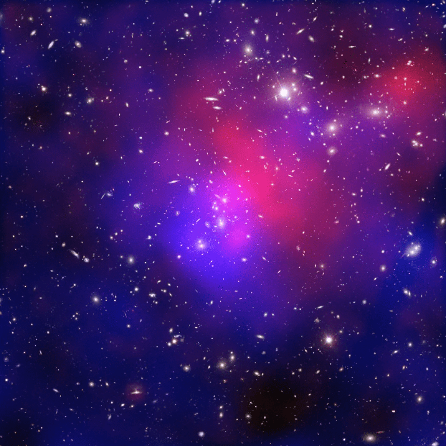 Esta imagen compuesta muestra una de las colisiones entre cúmulos de galaxias más complicadas y dramáticas jamás vistas. Conocido oficialmente como Abell 2744, este sistema ha sido denominado el cúmulo de Pandora debido a la gran variedad de estructuras diferentes que se encuentran en él. Los datos del telescopio Chandra (en rojo) muestran gas con temperaturas de millones de grados. En azul, hay un mapa que muestra la concentración total de masa (principalmente materia oscura), según datos del telescopio espacial Hubble, el Telescopio Muy Grande (VLT, por sus siglas en inglés) y el telescopio Subaru. Los datos ópticos del Hubble y el VLT también muestran las galaxias constituyentes de los cúmulos. Los astrónomos creen que al menos cuatro cúmulos de galaxias procedentes de diversas direcciones están involucrados en esta colisión.