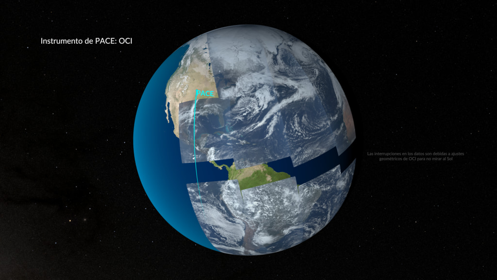 Imagen de la Tierra desde la órbita del satélite PACE, mostrando franjas de imágenes en colores reales.