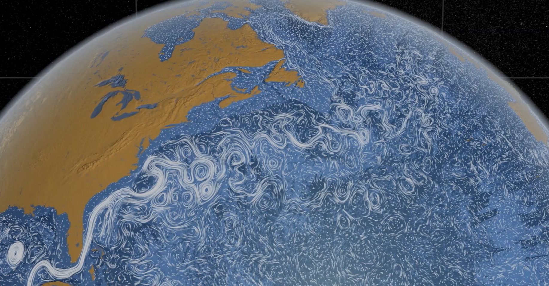 Las corrientes superficiales circulan en este modelo 3D de alta resolución de los océanos de la Tierra.