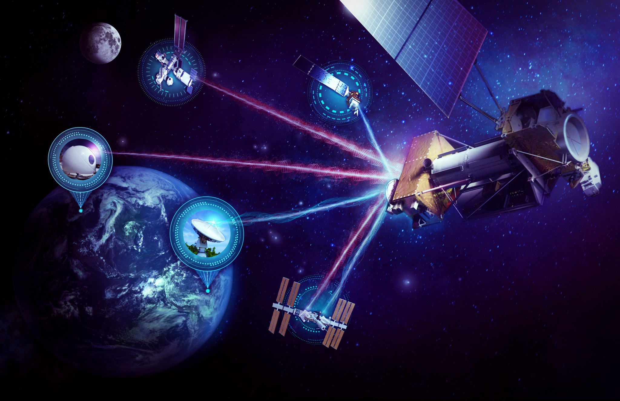 Una representación gráfica de las comunicaciones de la NASA en el espacio utilizando la tecnología de Redes tolerantes a retrasos en alta velocidad.