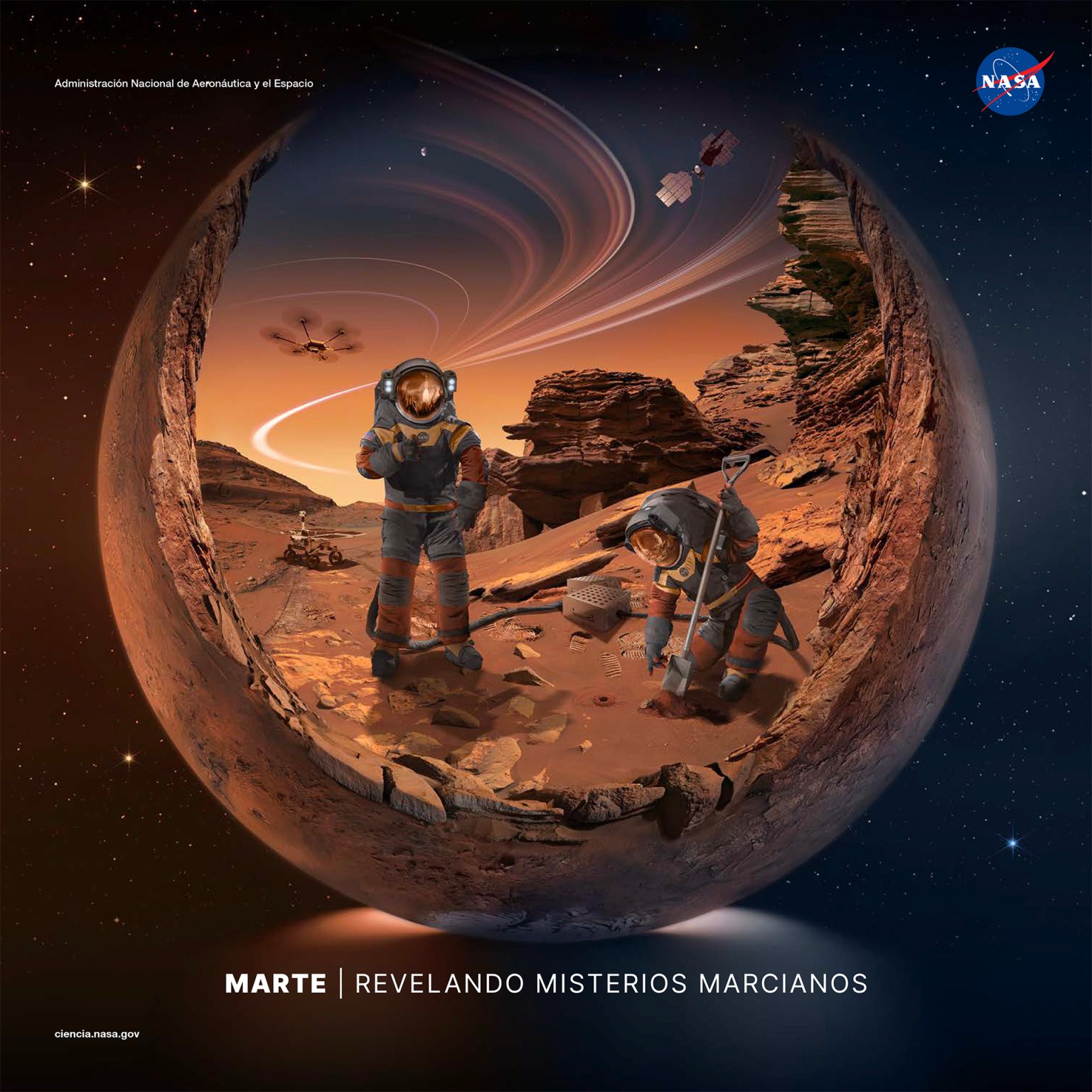 Póster de la NASA que muestra una ilustración de astronautas en Marte.