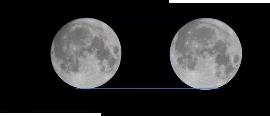 ¿Cuál de estas vistas de la Luna es una superluna? ¡Ambas! Esta es una comparación del tamaño de la Luna en la noche de la superluna del 13 al 14 de noviembre de 2016. A la izquierda, la Luna estaba más cerca del horizonte, y a la derecha, la Luna estaba muy alta en el cielo. Observa la línea azul de abajo que atraviesa el polo sur de la Luna en la imagen de la derecha. Se reproduce el encuadre completo de cada imagen.