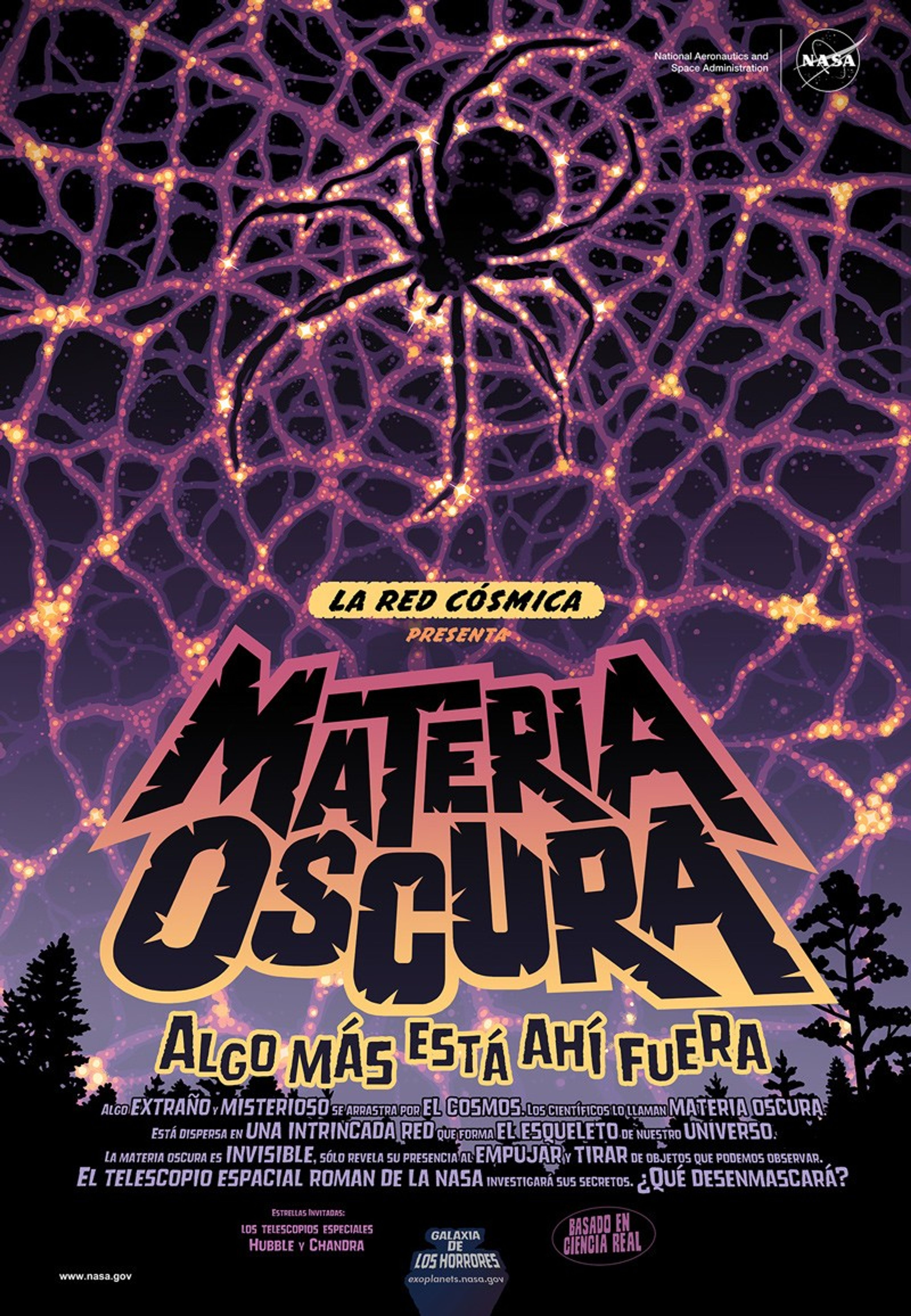 Una espeluznante ilustración de una araña gigante en una telaraña de materia oscura.